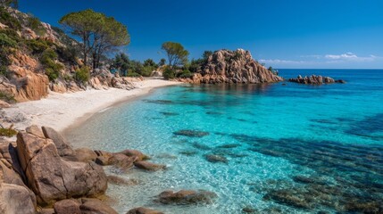 Crystal clear turquoise waters and serene sandy beach at a secluded coastal location during bright sunny weather