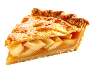 A slice of apple pie with golden crust and filling