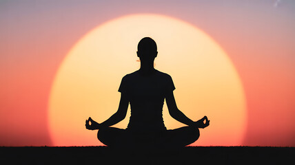Silhouette of a person meditating in lotus position at sunset