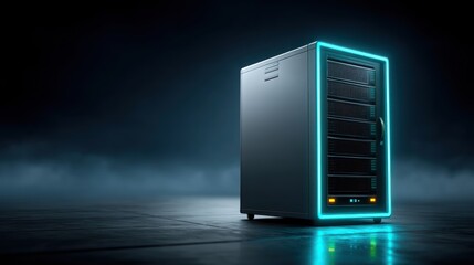 A futuristic server rack, illuminated by vibrant teal neon accents, stands on a dark concrete surface amidst a hazy ambiance.