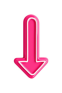Bright pink arrow pointing downwards with white outline isolated on a transparent background direction