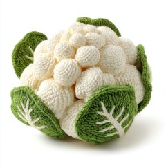 Crocheted Cauliflower with Green Leaves on White Background