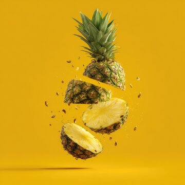 A whole pineapple and three levitating slices against a vibrant yellow backdrop, showcasing juicy, textured details and scattered bits of fruit