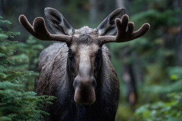 Fototapeta premium Majestic moose stares intently from the dense forest, its antlers prominent against the lush green foliage, creating a sense of wild beauty and untamed nature.