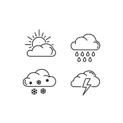 Simple line art icons depicting various weather conditions, including sunny skies, rain, snow, and thunderstorms.