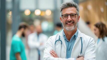 Dedicated Doctor: A confident and compassionate doctor stands tall, radiating professionalism and empathy amidst a bustling hospital environment. A symbol of expertise and dedication.