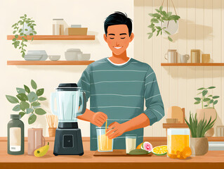 man preparing a smoothie with a blender 