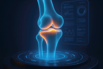 Futuristic 3D Wireframe Knee Joint Hologram with Glowing Orange Cartilage and Data Displays bone anatomy