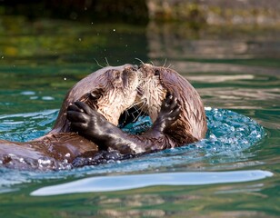 Two otters playfully interact in water