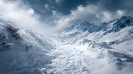 Fototapeta premium A dramatic snow covered mountain path winds through a rugged valley under a stormy cloudy sky evoking a sense of winter adventure and solitude