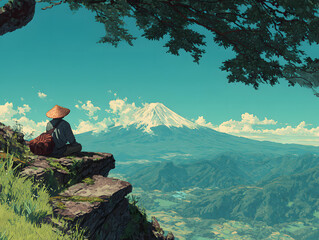 man resting on a rock by the mountains