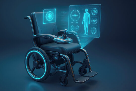 Futuristic electric wheelchair with holographic medical interface and joystick control technology
