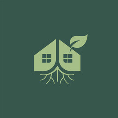 Dual House Home with Root and Leaf, Green and Healthy Real Estate Logo Design Vector