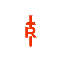 Red R Letter with Vertical Sword, Masculine and Brave Logo Design Vector