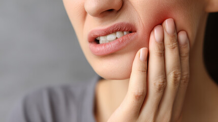 Facial expression of woman experiencing toothache holding her cheek in pain with worried look and subtle makeup against a neutral background highlighting discomfort and emotion.