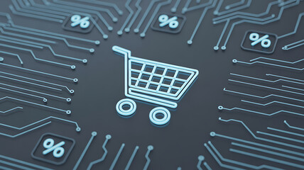 Digital shopping cart icon on circuit board background with percentage symbols