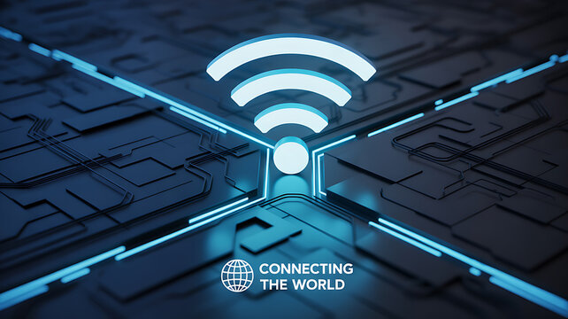 Digital Wi-Fi symbol glowing over a futuristic circuit board design with connecting lines and a globe icon labeled 'Connecting the World'