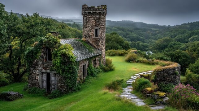 A weathered stone building, overgrown with lush greenery, sits atop a grassy hill overlooking a valley, evoking a sense of serene tranquility. - Powered by Adobe