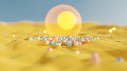 Colorful spherical particles scattered on a yellow textured surface with a glowing orb in the background