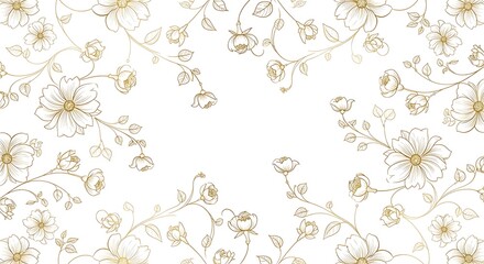 A charming floral pattern design showcases delicate, gold-outlined flowers on a white background.