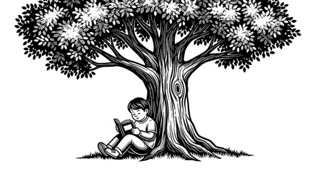 Boy reading book under a large tree illustration in black and white
