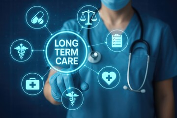 Healthcare professional touching a glowing digital interface displaying long term care icons and text