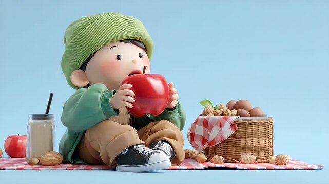 Cartoon Boy Enjoying a Picnic with Apple, Nuts, and Drink on a Red Checkered Blanket, Light Blue Background, 3D Render