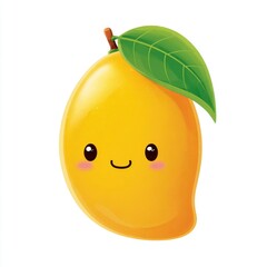 Cute Cartoon Mango Illustration with Happy Face and Green Leaf