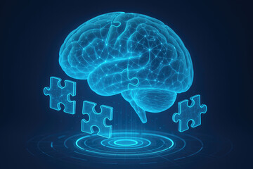 Luminous blue brain composed of puzzle pieces with surrounding scattered pieces on a dark digital background