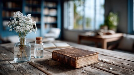 Antique Leather Book on Weathered Wooden Desk with White Flowers and Glass Vials against Soft Blue Bookshelf Background