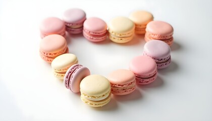 Obraz premium Colorful Macarons Arranged in Heart Shape on White Background