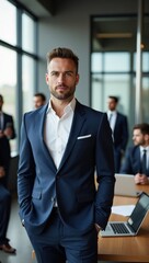 Confident businessman leading a professional team in a modern office setting