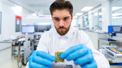 Skilled technician evaluates a circuit board with precision tools in a modern laboratory. The bright environment highlights attention to detail in electronics testing - Powered by Adobe