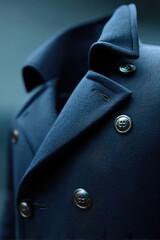 Close-up of a navy blue double-breasted peacoat's collar and upper buttons, showcasing its texture and tailoring details