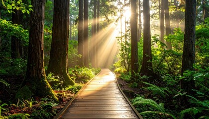 Sunbeams pierce a lush, misty forest path