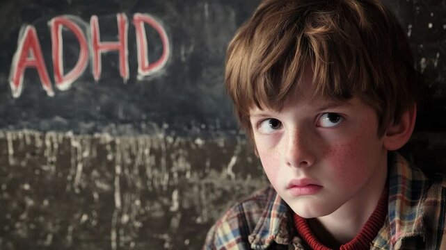Young boy with ADHD in front of chalkboard looking serious