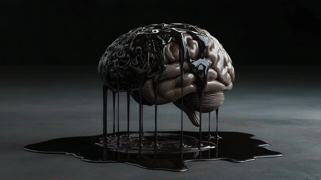 A brain with a black substance dripping from it. Surreal conceptual of rotten brain melting and dripping down into black rotting liquid, artistic decay concept