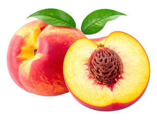 Two ripe peaches, one whole, one sliced, with leaves