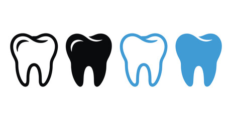 Stylized dental icon set featuring black and blue tooth illustrations in outline and silhouette, ideal for oral health and clinic branding