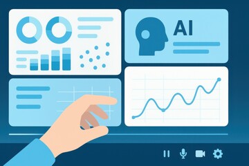 Interactive AI analytics dashboard with hand selecting data panel, charts, graphs and artificial intelligence visualization
