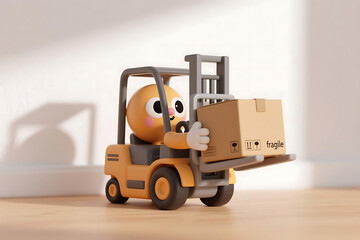 Adorable animated character operates forklift moving fragile package, ideal for logistics, transportation, delivery, and automation concepts