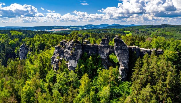 Scenic rock formations in a lush forest