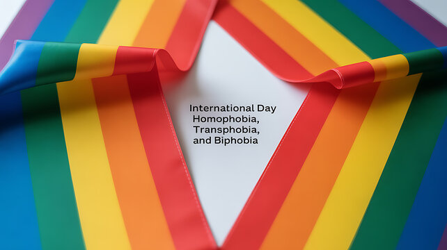 Rainbow flag folded into a heart shape with text about International Day against Homophobia, Transphobia, and Biphobia