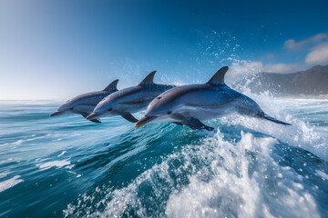 Fototapeta premium Dolphins leaping from ocean waves near coastline on sunny day, showcasing their agility and grace in a display of marine life beauty.