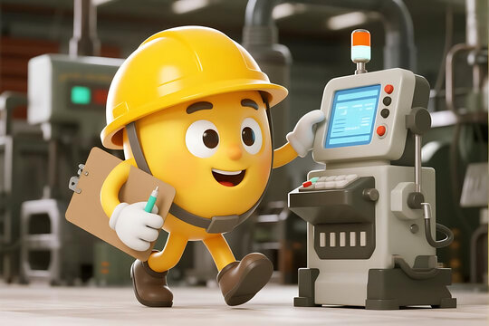 Cheerful cartoon factory worker with clipboard inspecting machinery, ensuring safety and efficiency in modern manufacturing processes