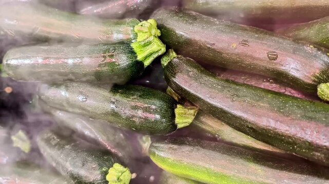Vibrant, fresh zucchinis beautifully arranged in steam, showcasing their glossy texture and vibrant green color
