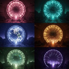 A collage of six vibrant, glowing sci-fi portals in different colors, each leading to a mysterious dimension or world.