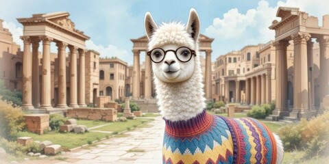 Obraz premium Ancient Rome Fuzzy Friend A Watercolor Portrait of a Bookworm Alpaca