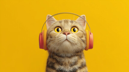 Cute tabby cat wearing headphones listening to music on bright yellow background 