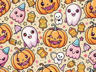 Orange Halloween Seamless Pattern with Pumpkins, Ghosts, and Bells